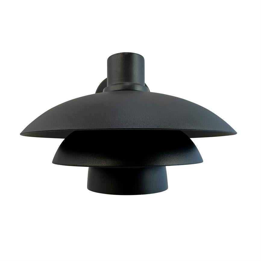 Black multi-layer pendant lamp hangs from ceiling bracket, with three bowl-shaped shades stacked on top of each other, photographed against a uniform white background.