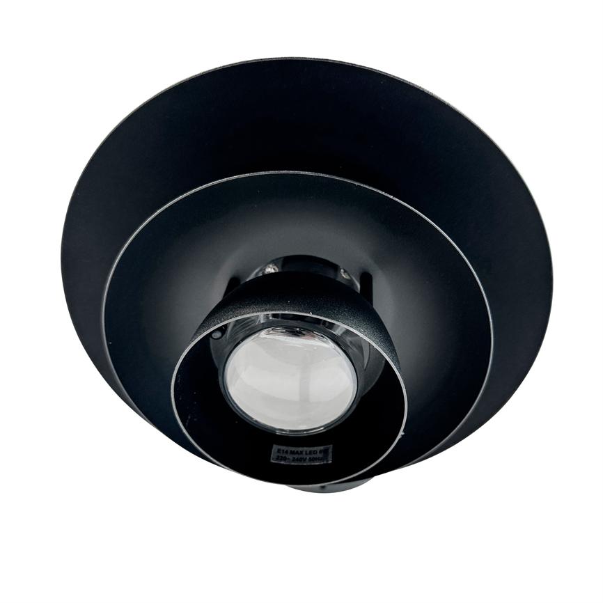 Black ceiling spot shows a central LED lens; the fixture stands open against a white background and is surrounded by two round screens. Text: "E14 MAX LED 220-240V 50Hz".