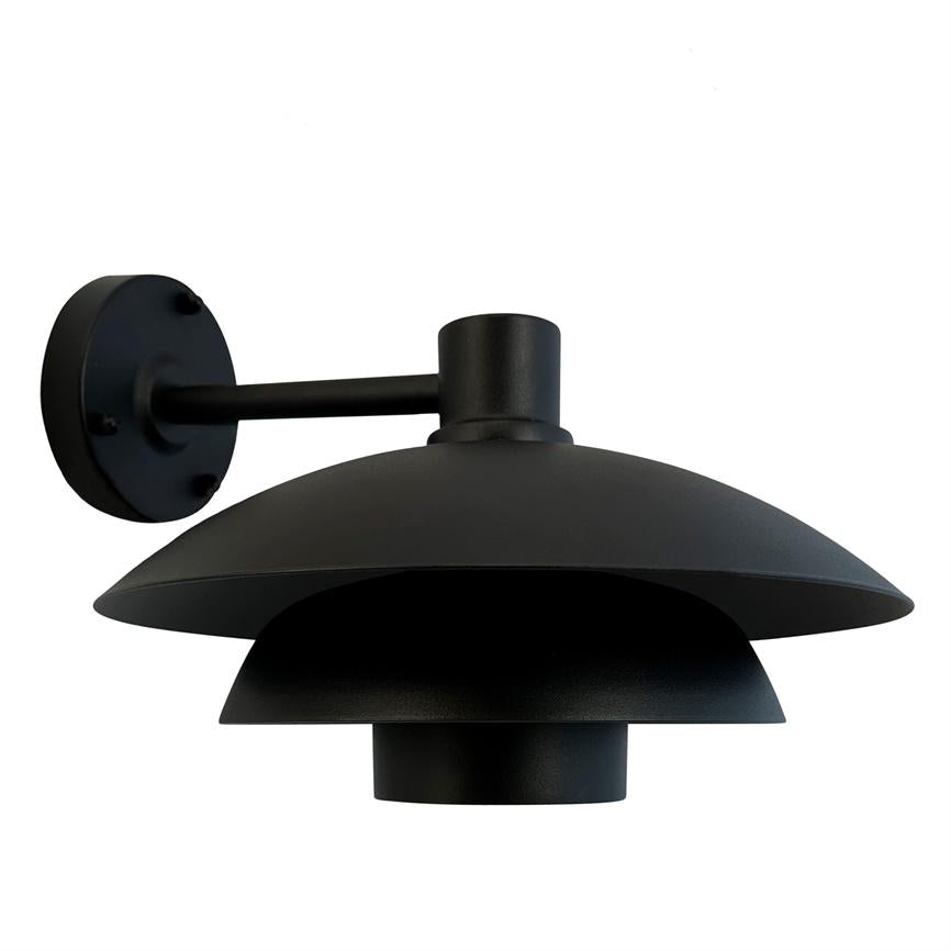 Black metal wall lamp mounted on a round wall rosette, hanging from a short arm; stack of three bowl-shaped screens, modern, minimalist, against white background.