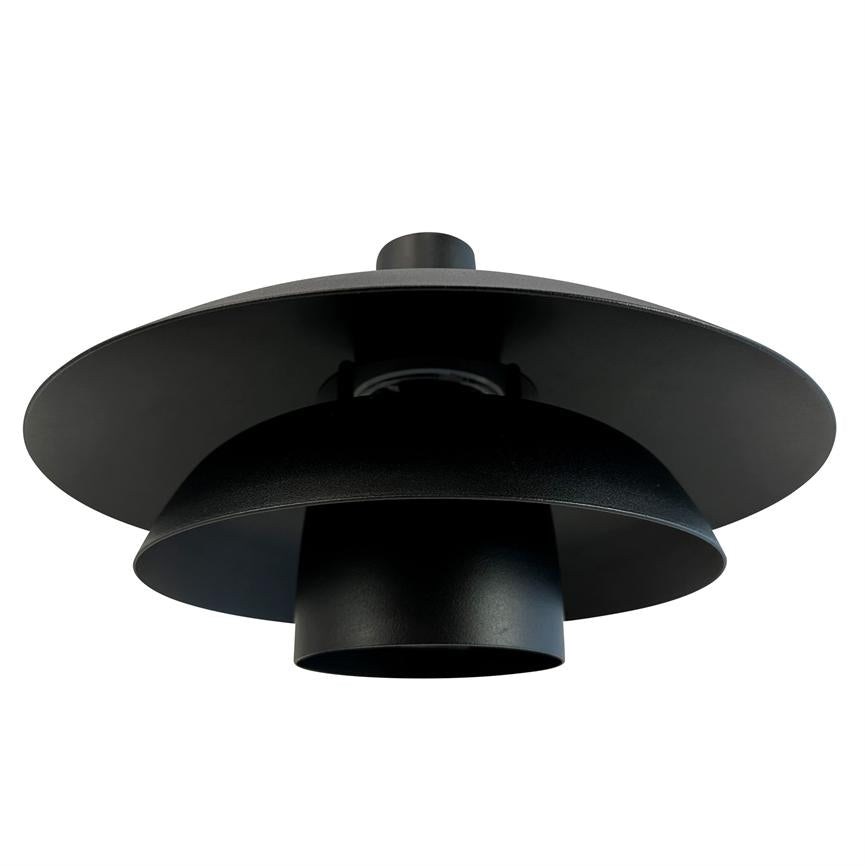 Black ceiling lamp with three flat, circular shades in tiers; the screens form a downward-facing opening — viewed from below against a white, neutral background.