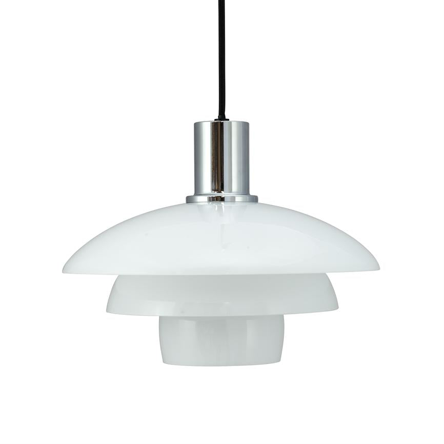 A white, multi-layered pendant lamp hangs from a black cord; three screens in decreasing sizes and a chrome socket form a modern, minimalist fixture against a neutral white background.