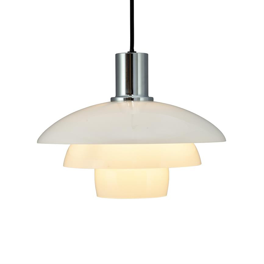 A white, bowl-shaped pendantlamp hangs from a black cord, shines warmly through three overlapping screens and appears against a neutral, light background.