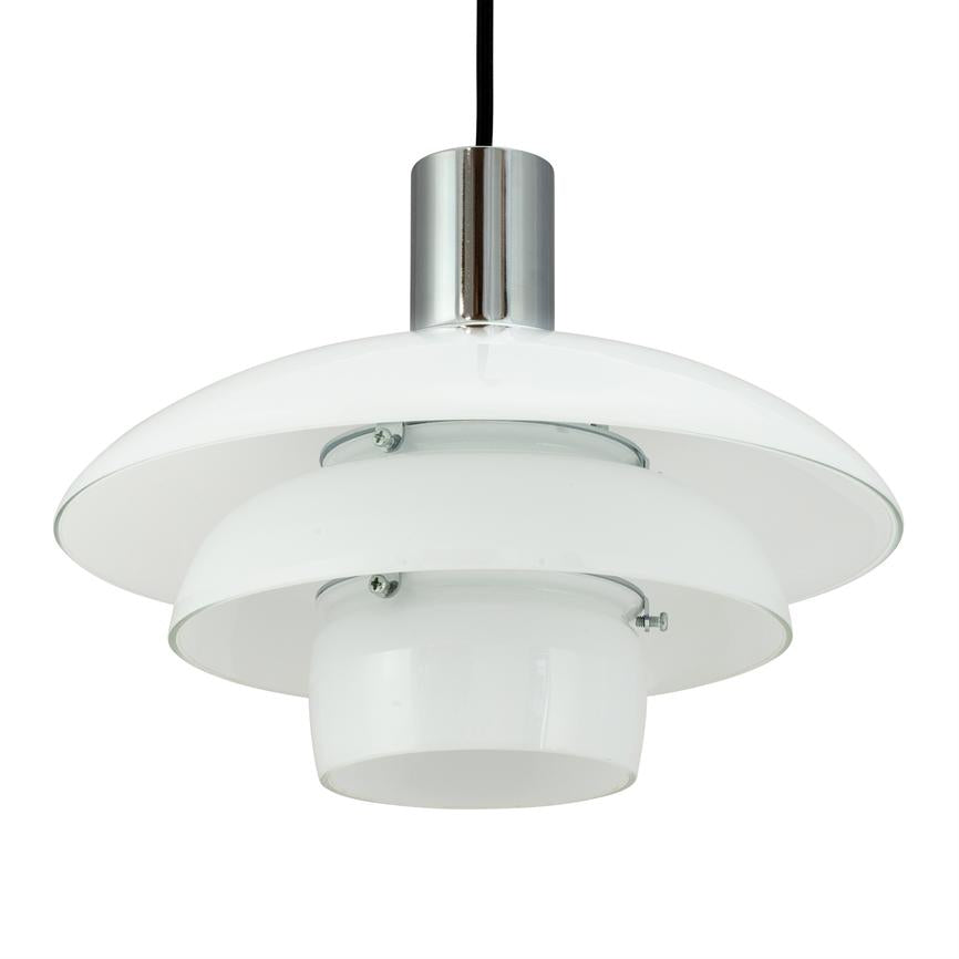 pendant hanging from a black cord; three layered white shades surround the light source, connected to a chrome socket; minimalist, isolated against white background.