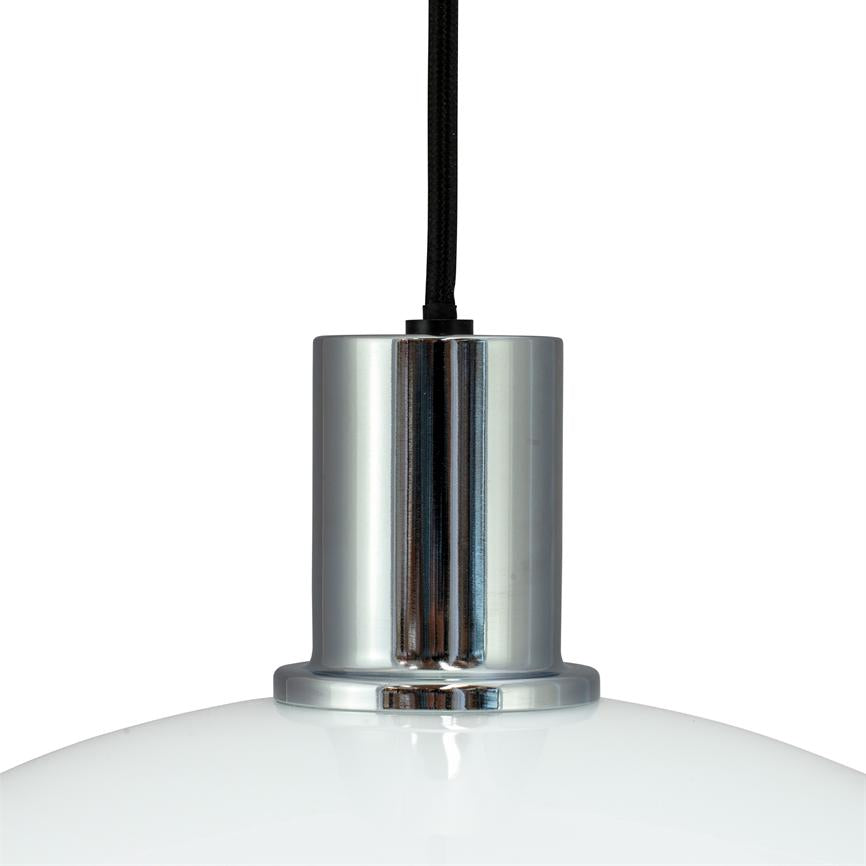 Pendant lamp hangs from a black fabric cord; chrome cylindrical socket holds a white, glossy glass dome; simple, neutral white background with no other elements.