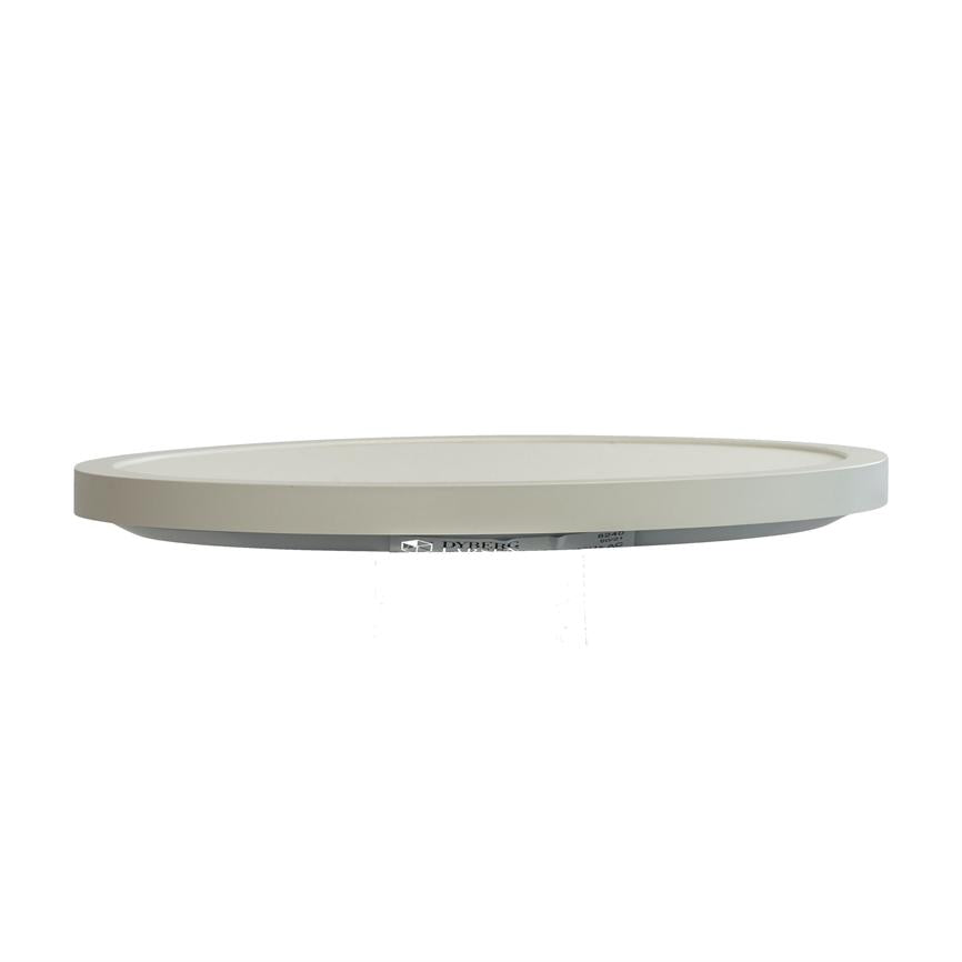 Round, flat ceiling lamp displays a white LED panel, hovering centrally against a uniform white background. Text: "DYBERG"