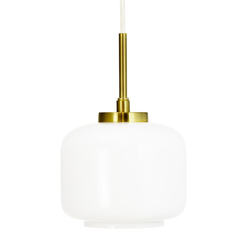 A white opal glass pendant hangs by a white cord from a brass holder; round, soft-shaped screen with a matte gold finish at the top, isolated against a clean, white background.