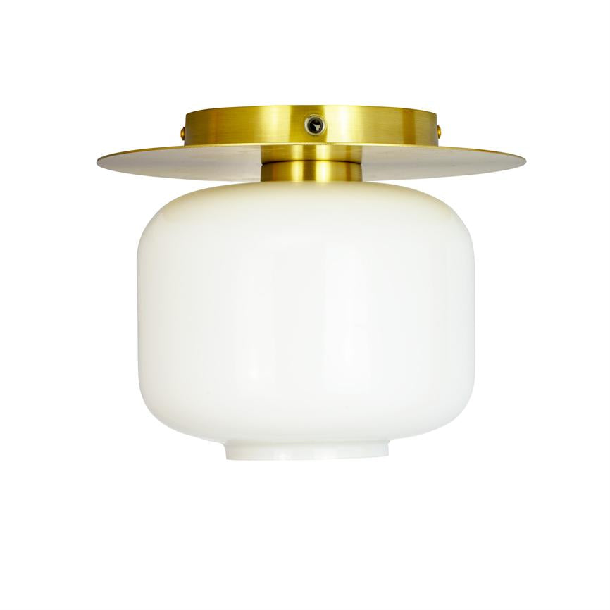 Ceiling lamp with opal white glass dome, mounted under a round brushed brass plate; the dome hangs close below the ceiling fitting and is seen against a uniform white background.