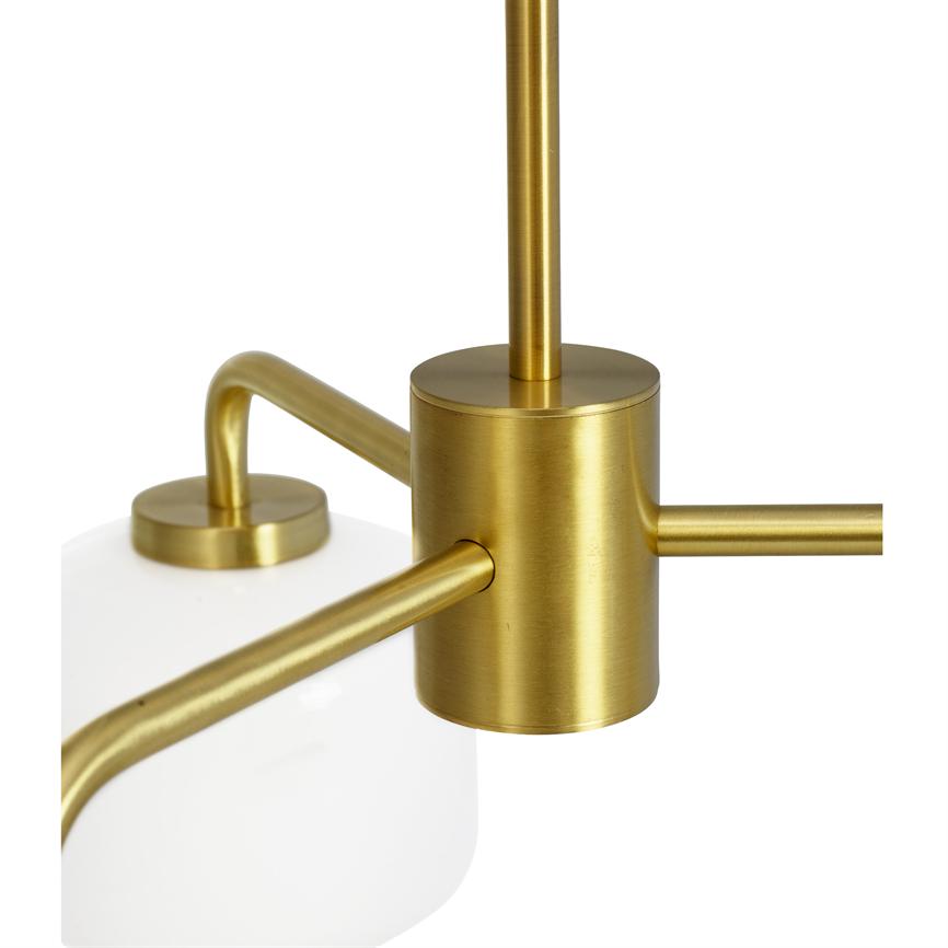 A cylindrical brass central extends smooth, curved arms that support a white frosted glass dome; close up studio shot against a simple white background, modern pendant- lamp.