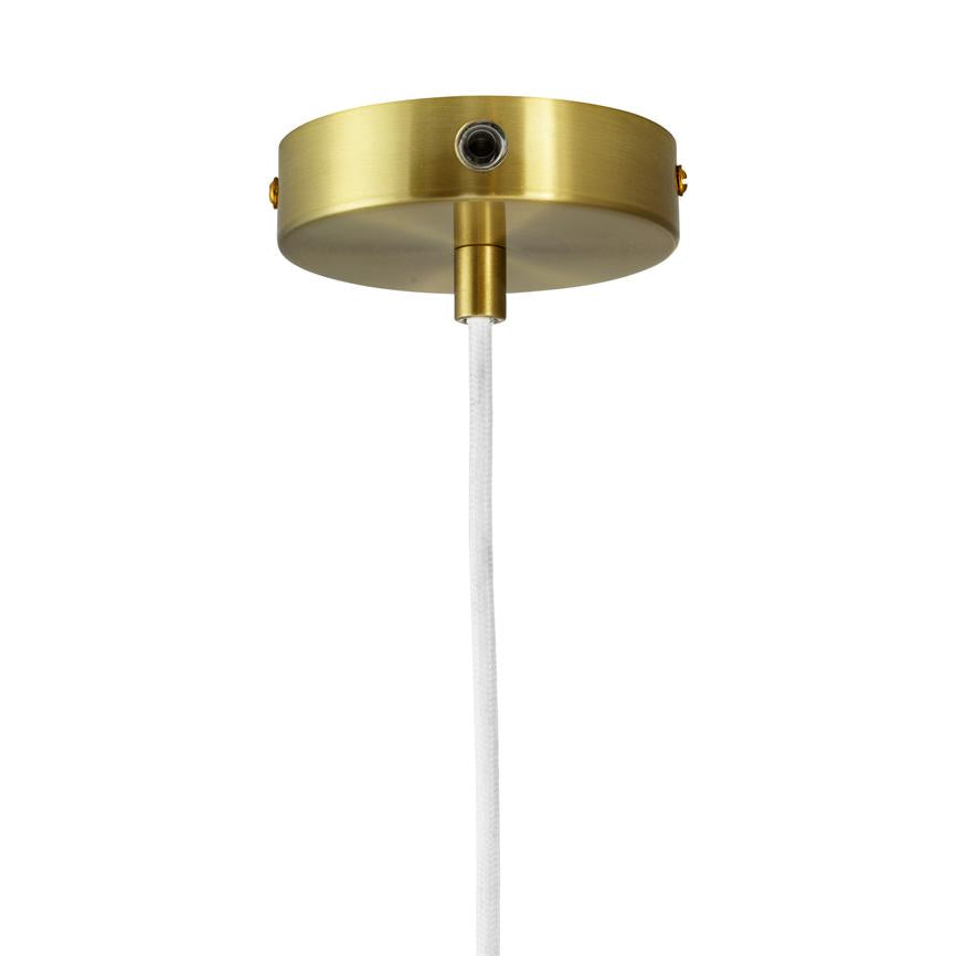 Brass ceiling capsule hangs from the ceiling and carries a white fabric cord downwards against a uniform white background.