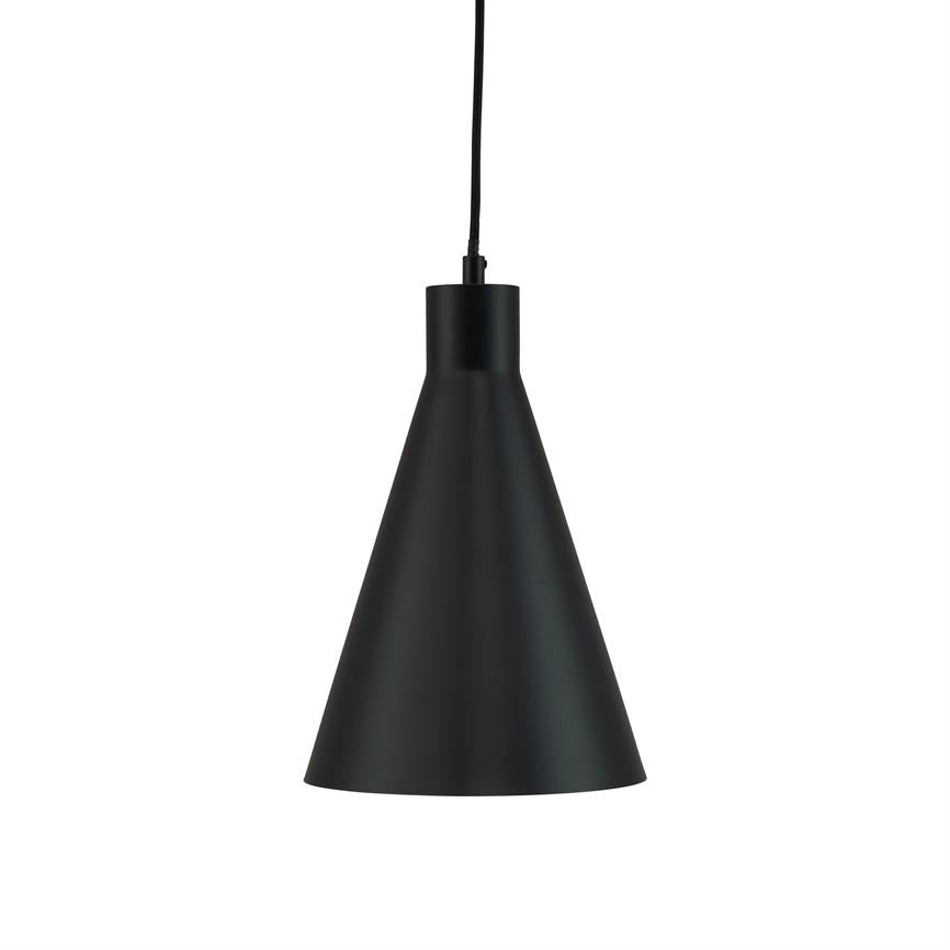 A black, conical pendant lamp hangs from a black cord above a neutral white background; simple, matte finish and wide opening downwards for direct lighting.