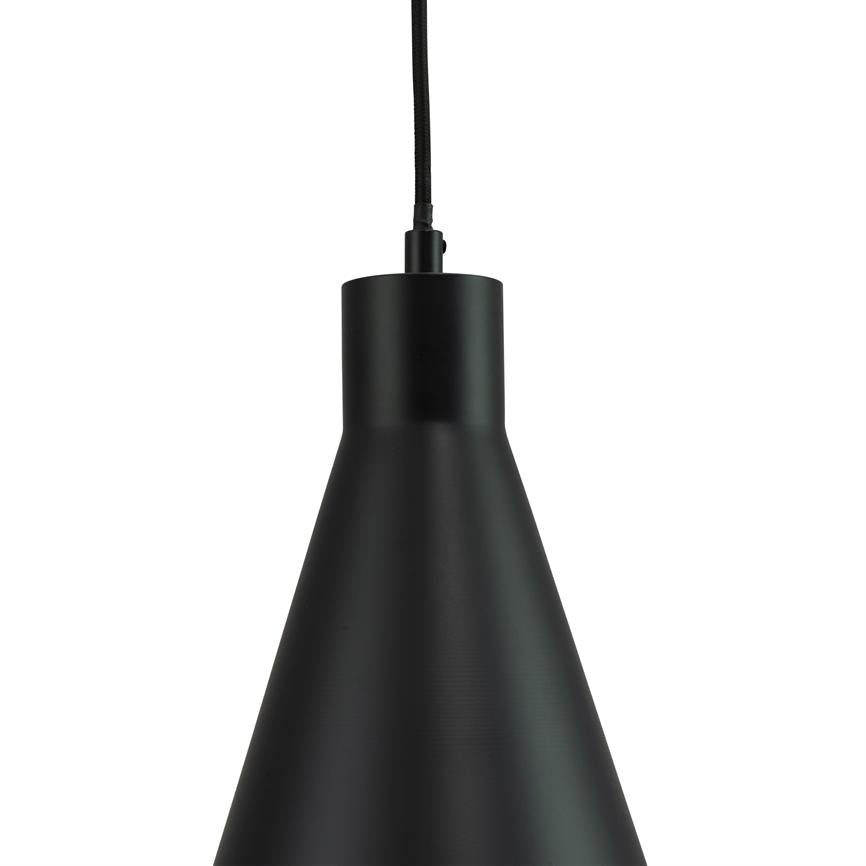 A black, conical metal pendant hangs from a black fabric cord; the lampshade is symmetrical with a matte finish and photographed against a neutral white background.