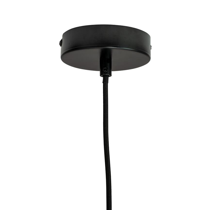 Black, round ceiling rose (mounting plate) holds a black textile cord that hangs down vertically; placed against a uniform white background with no other objects.