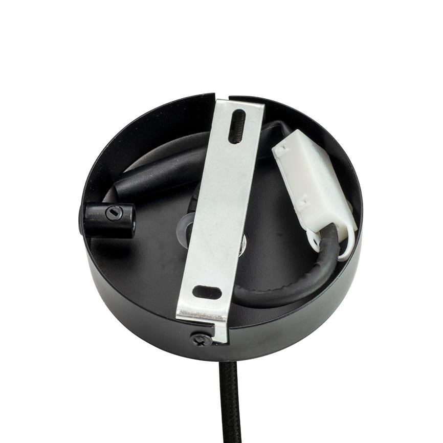 The ceiling rose with round black metal cover, a steel mounting bracket lies above, a white plug connection and black power cable are led into the cover on a white background.