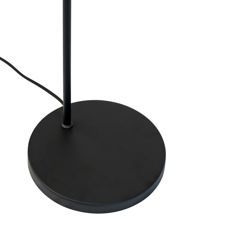 Black, round lamp base supports a thin, vertical rod; a black wire leads out to the left on a neutral white background.