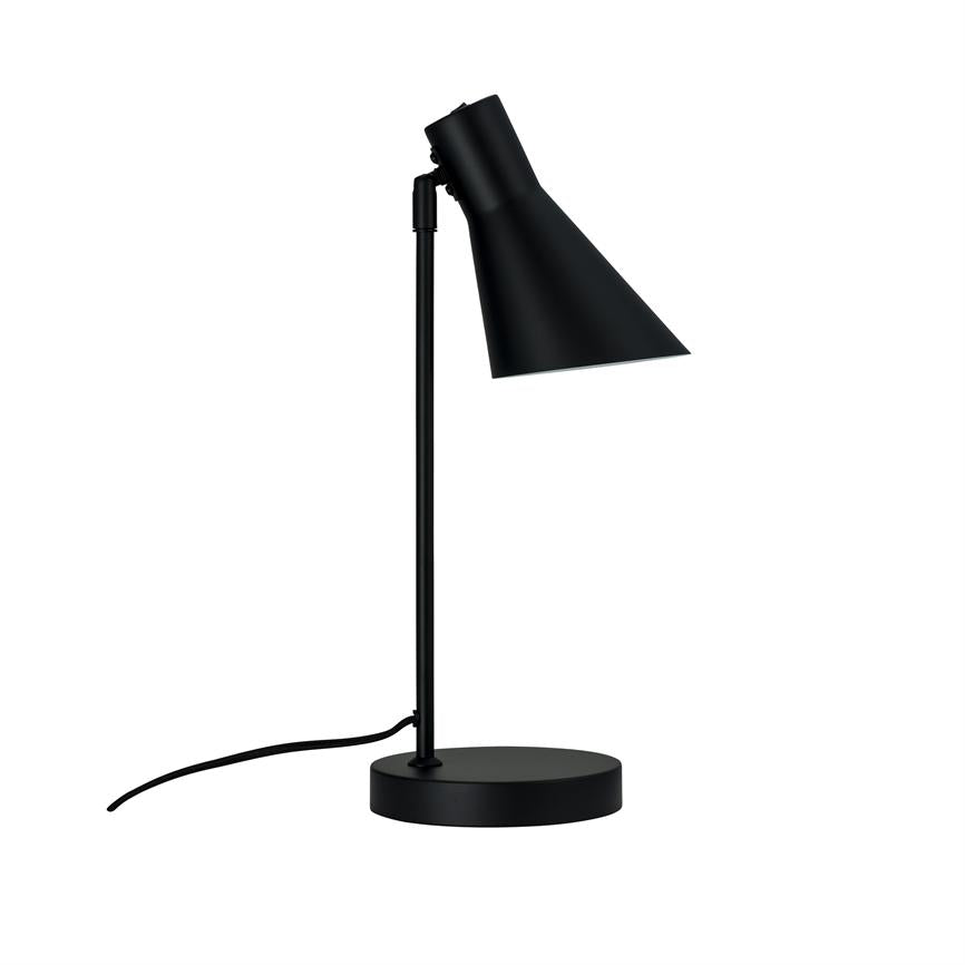 Black table lamp stands on a round base, with slender rod and slanted conical shade; the screen is angled downwards, black led runs out to the left on a white background.