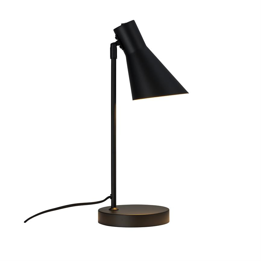 A black table lamp points its conical shade downwards and casts light; it stands on a round base with visible cord against a neutral white background.