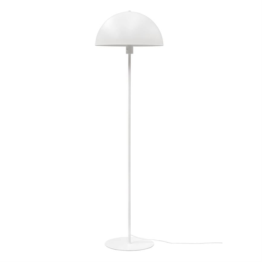 Floor lamp with hemispherical lampshade stands on a slim rod and round base against a uniform white background.