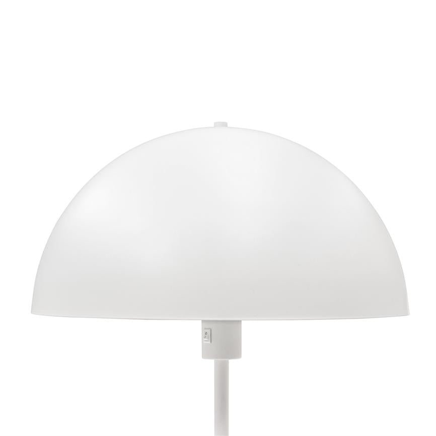 White dome-shaped lampshade mounted on a slim rod, appears as a simple, modern table lamp against a uniform white background.