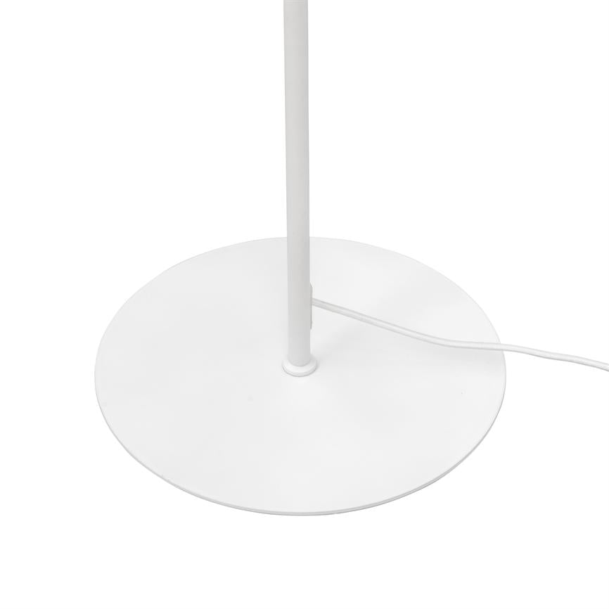 Round white lamp base supports a vertical rod, while a white cord runs from the center above the base; the surroundings are a uniform white background.
