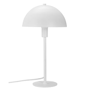 Table lamp stands on a round foot and a slim rod; hemispherical screen above; white, minimalist design with visible wire against a uniform white background.