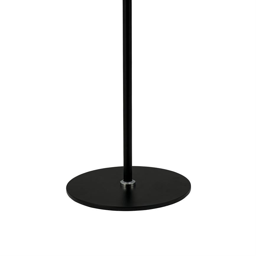 Black metal bar stands vertically and is attached to a flat, circular base; product shot against a uniform white background, minimalistic and without other objects.