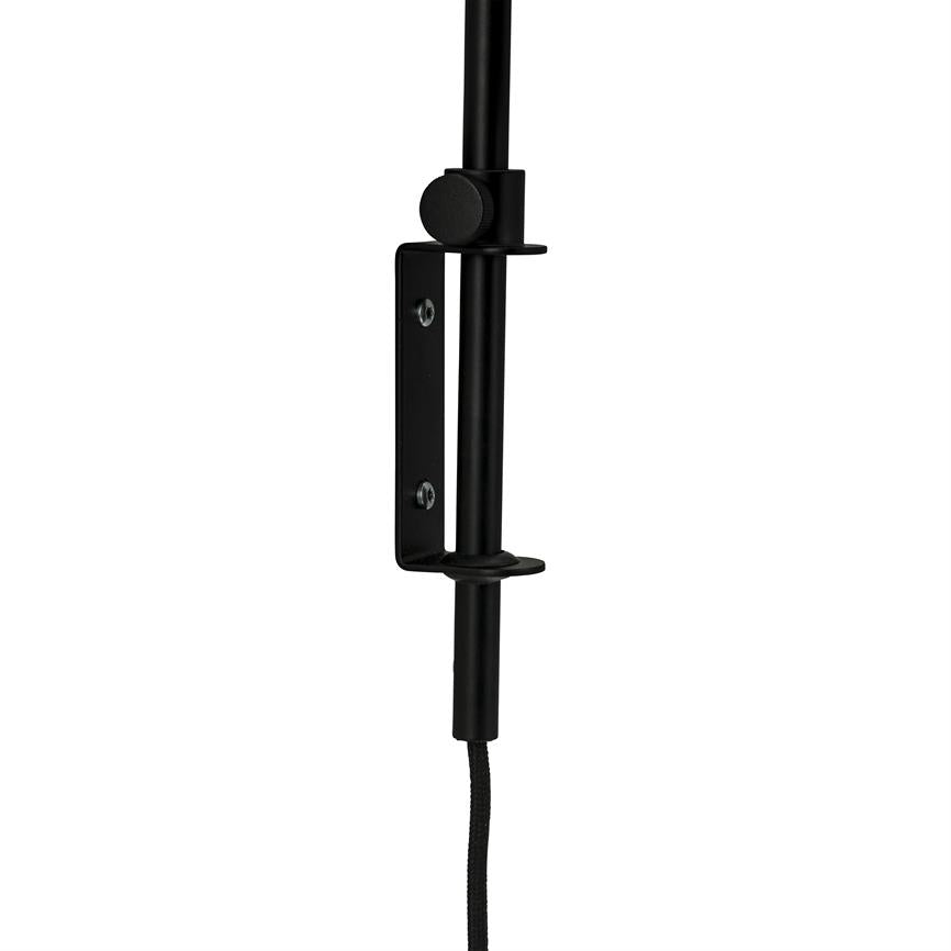 Black mounting bracket with vertical tube holds and adjusts the tube rod, secured with two screws; a black braided cord hangs downward against a uniform white background.