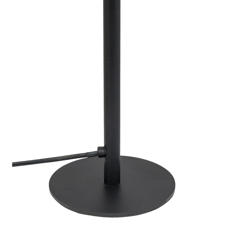Black metal column on a round flat base; a black electric cable is fed into the lower side of the column, standing against a uniform white background.