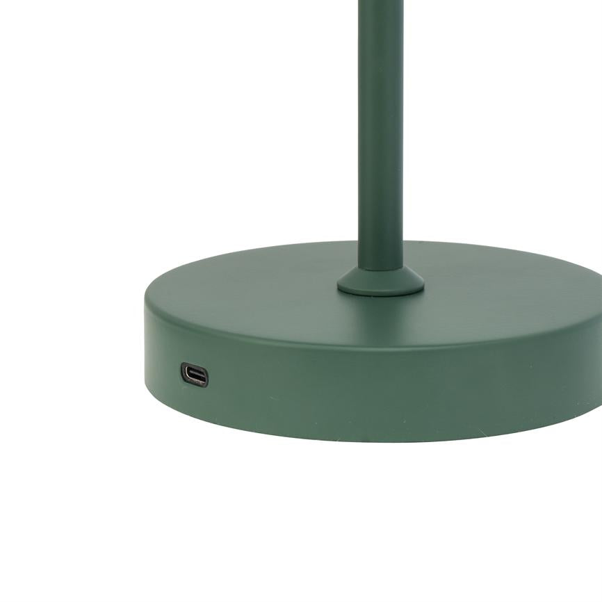 Green low lamp base with vertical bar and a USB-C port on the side, placed on a pure white background.