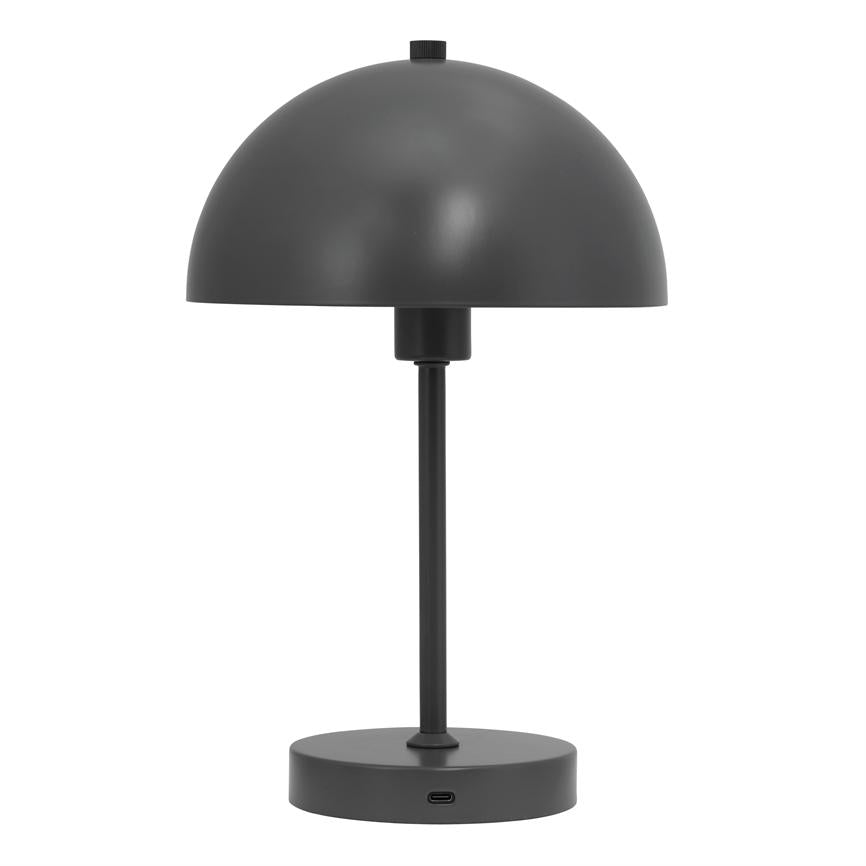 Dark grey, mushroom-like table lamp with dome-shaped shade, thin rod and round base with USB‑C port; stands centrally against a uniform white background.