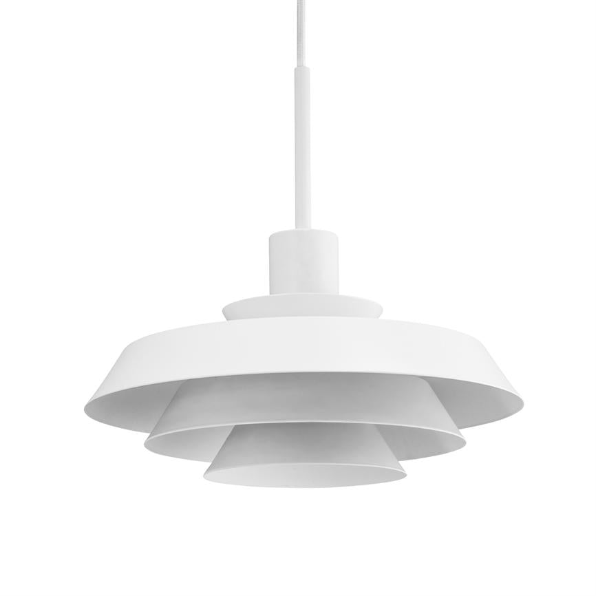 A white one pendant-lamp with circular, layered shades hanging from a short white cord, seen against a uniform white background.