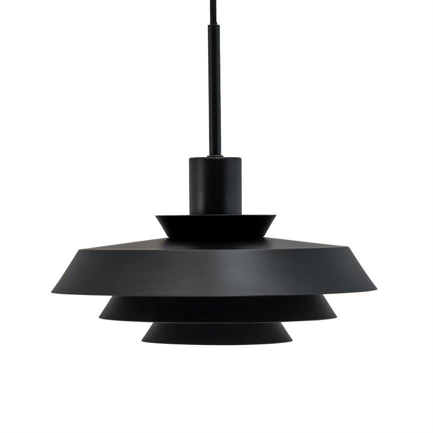 Black, layered pendant hanging on cord; three bowl-shaped, rigid discs form a step-shaped shade with matte metal finish, depicted against a uniform white background.