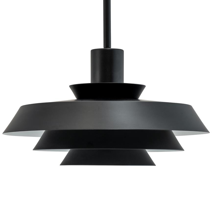 Black pendant lamp with four wide, conical, tiered shades in the form of steps, suspended from a thin rod; matte black metal, hangs freely in front of a uniform white background.
