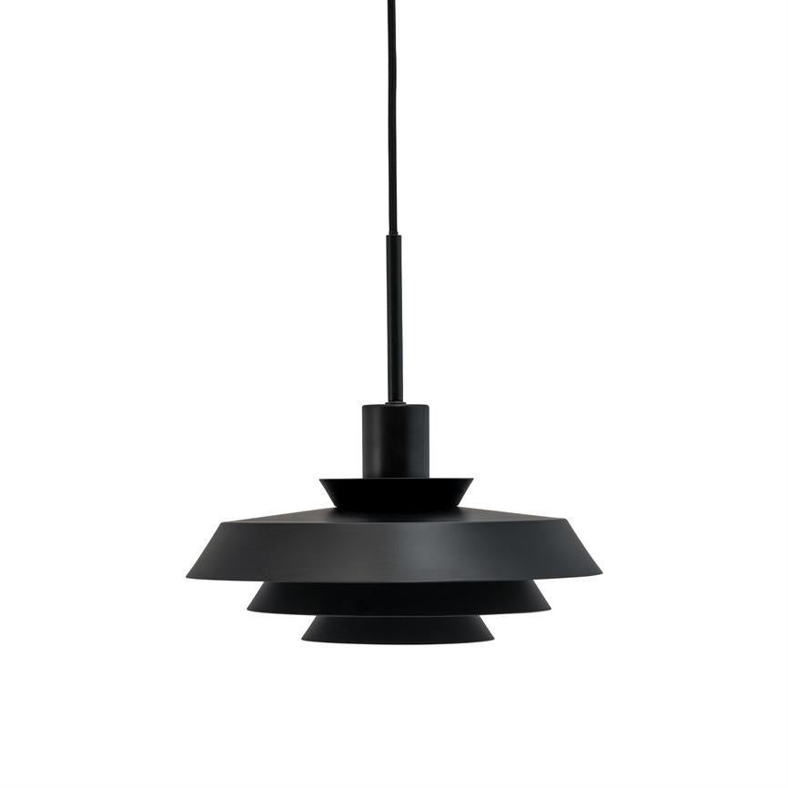 Black pendant lamp with several flat, conical layers hangs from a thin black cord above a uniform white background in a minimalist, studio-like environment.