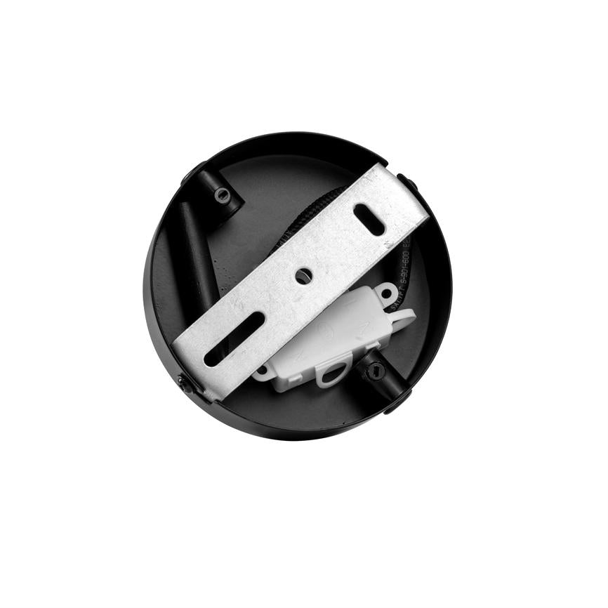 Round black lamp base holds a transverse metal bracket and a white cable connector; the part is isolated against a clean, white background.