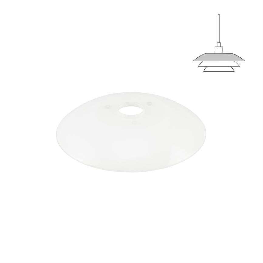 White opal round lamp dome with central circular hole and two small mounting holes rests on white background; simple line drawing of a pendant lamp in the upper right corner.