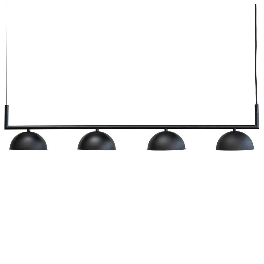 Black pendant lamp with four hemispherical shades mounted along a horizontal rod, suspended by two thin cables above a white, blank background.