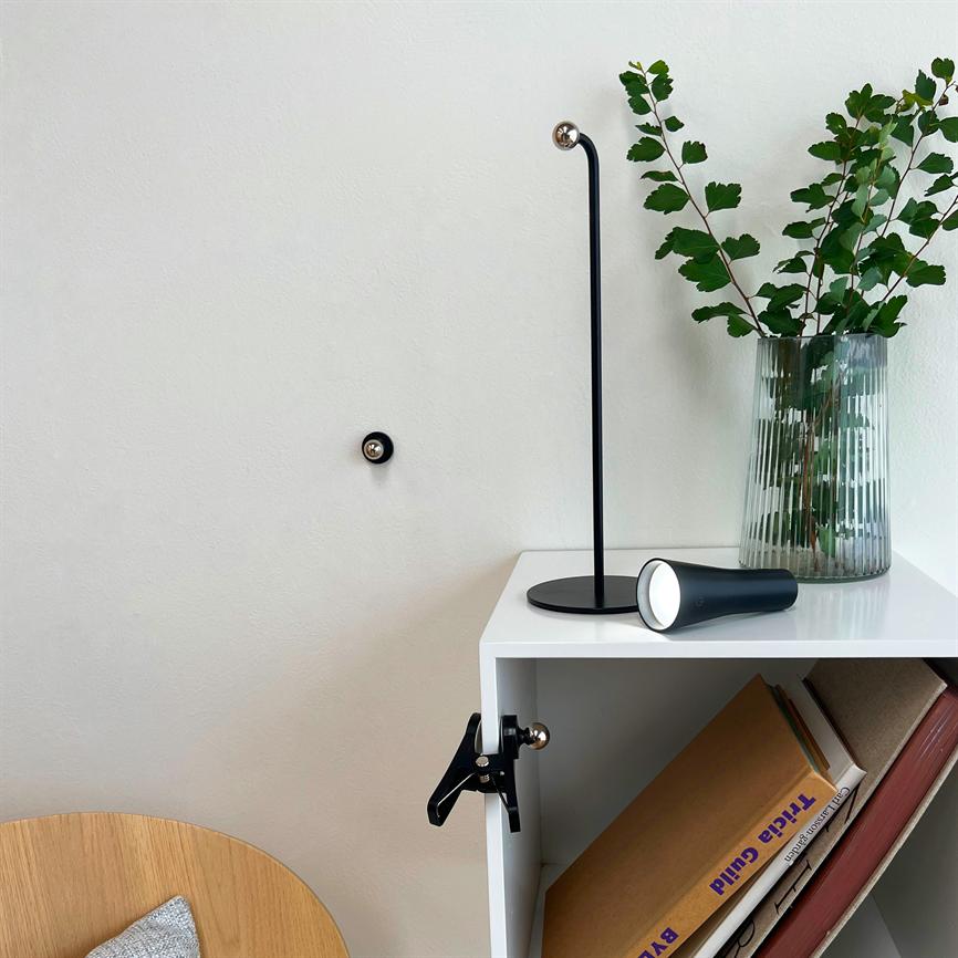 Black table lamp sits on a white bookcase; a slim floor lamp stands upright, ribbed glass vase with green branches next to it, books on the shelf. Text: "Tricia Guild".