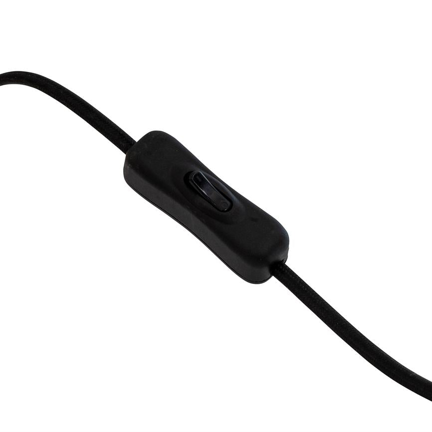 A black inline switch sits on a fabric-covered black cord, with a small rocker switch in the middle; simple, isolated view against white background.