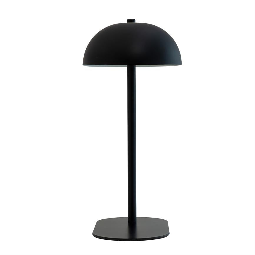 Black table lamp with semi-domed shade stands on a slim stem and square base, centered against a neutral white background.