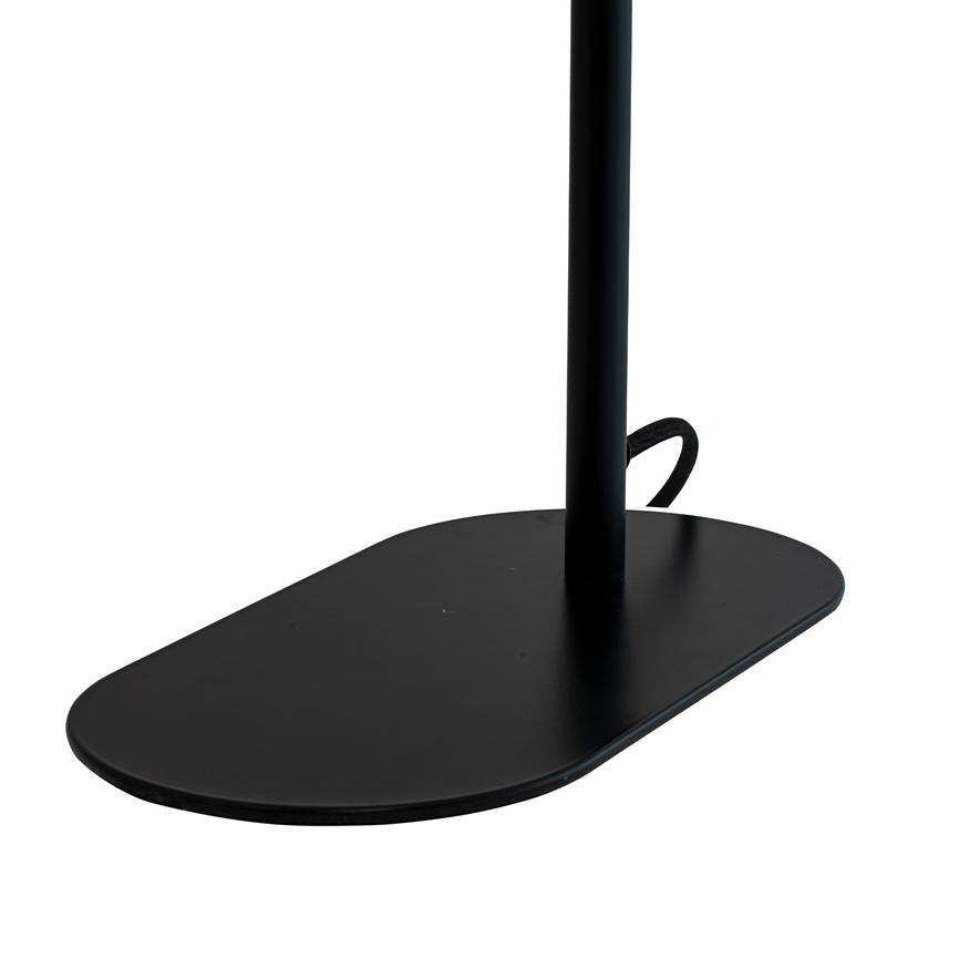 Black oval lamp base supports a vertical rod; a short curved cord protrudes from behind; the entire object is seen isolated against a white background.