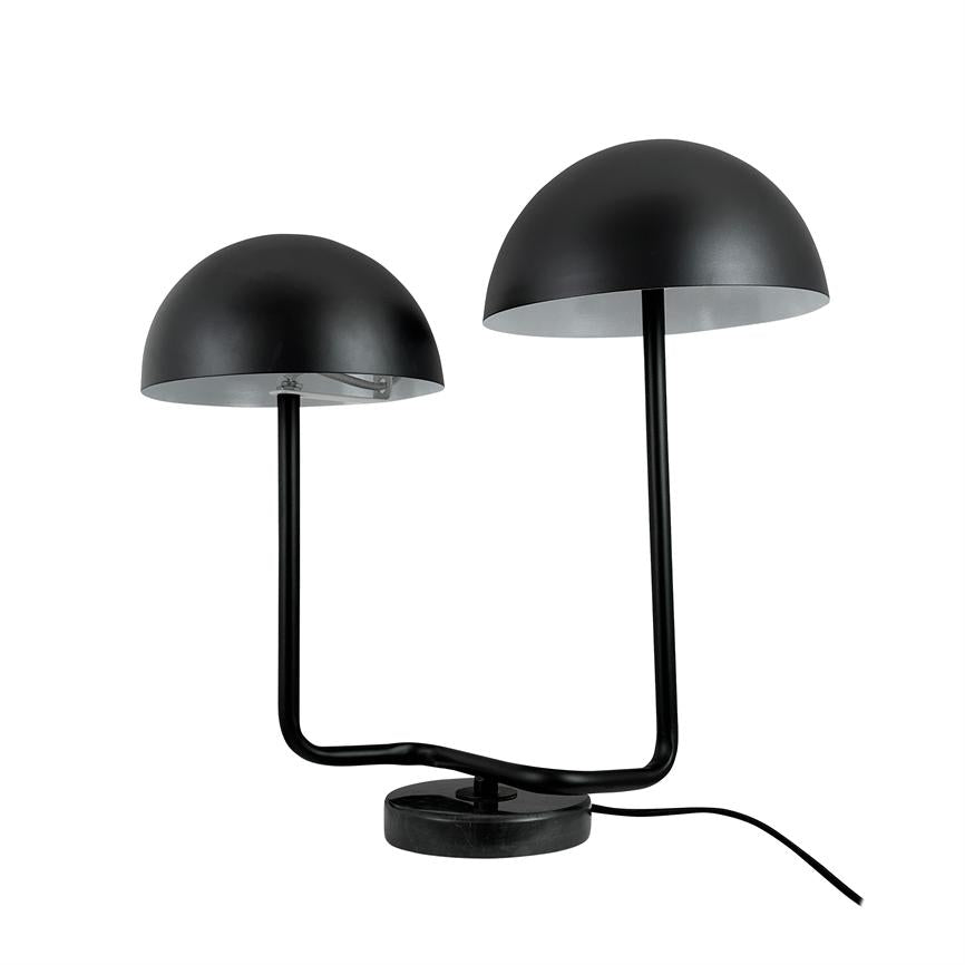 Black table lamp with two black domed shades, each sitting on curved rods; stands on round black base with visible wire against white background.