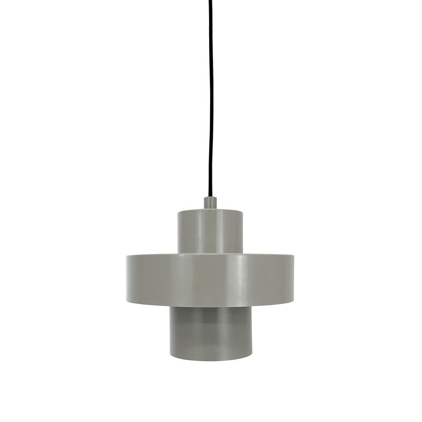 A gray, geometric pendant lamp hangs from a black cord above a neutral white background; composed of three cylindrical levels that form a modern, minimalist light fixture.