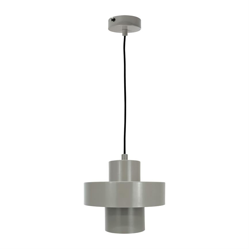 A gray cylindrical pendant lamp hangs from a black cord; the lampshade consists of two stacking cylinders and is suspended from a white ceiling in an empty, bright room.