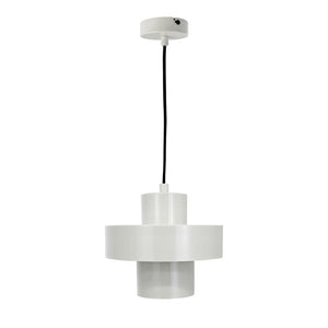 A white, cylindrical pendant lamp hangs from a black cord; the lampshade consists of three stepped cylinders and is seen against a uniform white background.