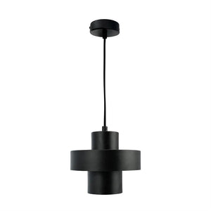 Black hanging lamp hangs from a black cord; has cylindrical, layered matte black screen; placed in front of a neutral, white background.