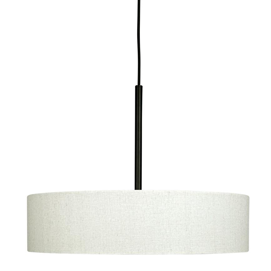 Cylindrical white fabric lampshade hangs from a black cord and rod in front of a neutral white background; large pendant lamp suitable above the dining table or in the living area.