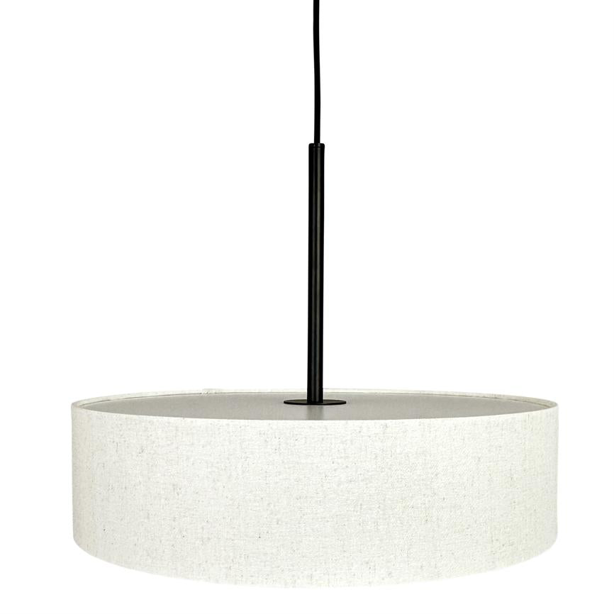 White cylindrical lampshade hangs from a thin black cord, supported by a black central pole, neutral white background, minimalist pendant lamp in rough fabric texture.