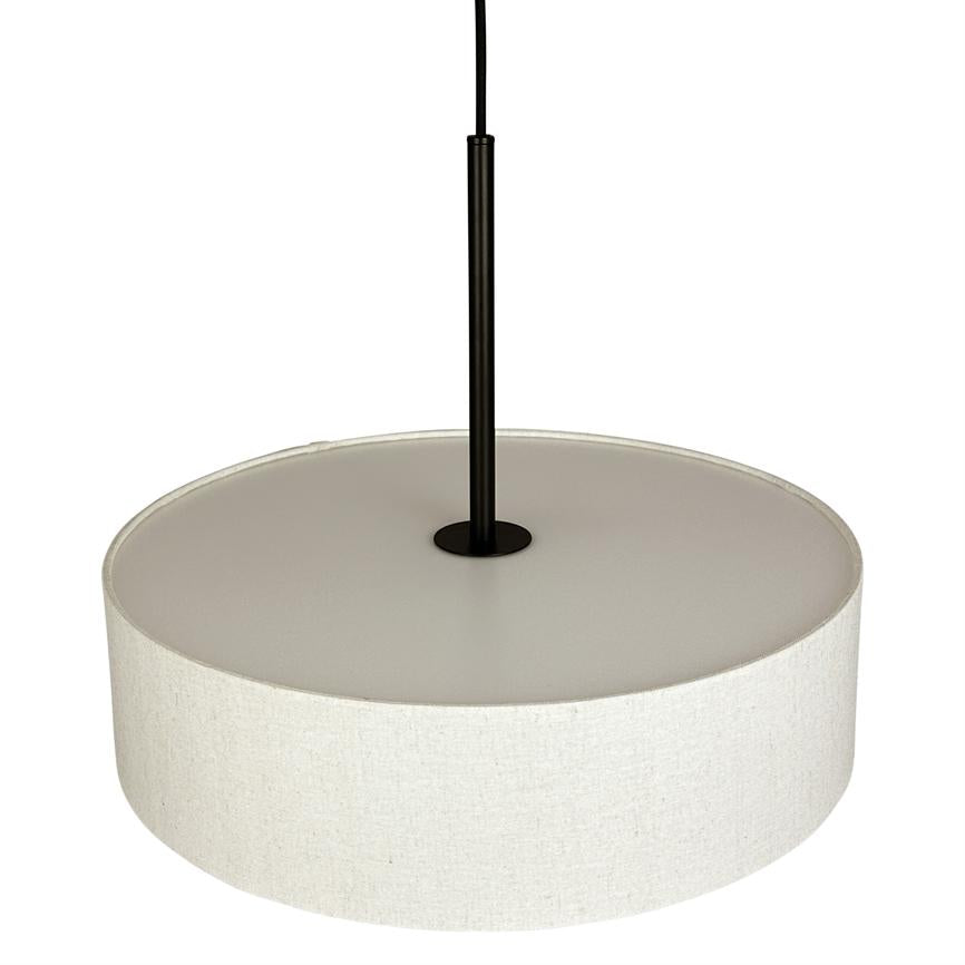 A pendant lamp hangs from a black corded rod above a round, white, cylindrical fabric shade; the screen is simple and diffuses light, surrounded by a neutral white background.