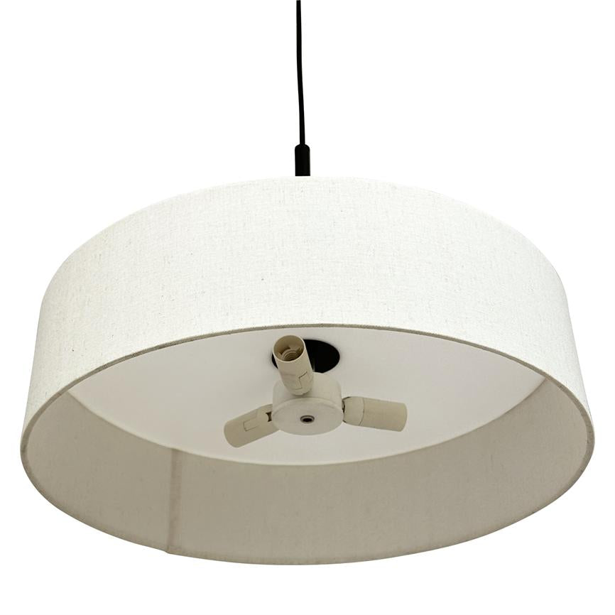 A round, white fabric shade (ceiling lamp) hangs from a black cord; three small light bulb holders facing inward under the screen without bulbs against a white background.
