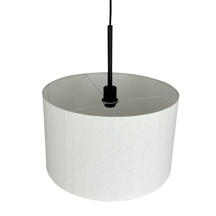 A cylindrical white fabric screen hangs from a black cord; the black socket can be seen at the top — simple, modern pendant lamp against a neutral white background.